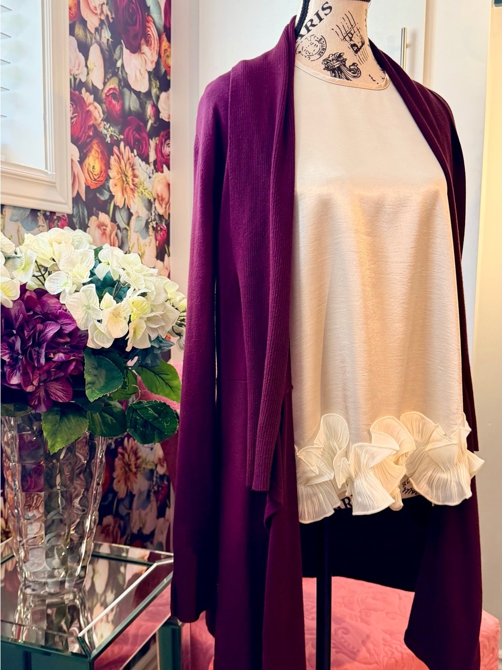 White House Black Market Plum Open-Front Cardigan with Cream Ruffle-Hem Top